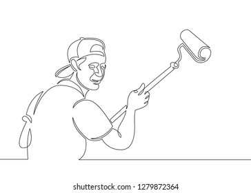 One continuous single drawn line art doodle house painter builder,construction, repair .Isolated image of a hand drawn outline on a white background.