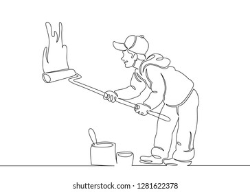 One continuous single drawn line art doodle house painter builder,construction, repair .Isolated image of a hand drawn outline on a white background.
