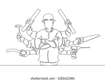 One continuous single drawn line art doodle house  builder of multi armed deity,construction, repair .Isolated image of a hand drawn outline on a white background.Handyman with tools 