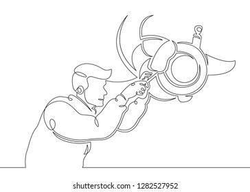 One continuous single drawn line art doodle mechanic, car, garage, service, auto, repair, vehicle, shop, engine, workshop .Isolated image of a hand drawn outline on a white background.