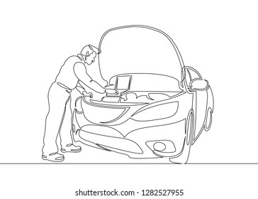 One continuous single drawn line art doodle mechanic, car, garage, service, auto, repair, vehicle, shop, engine, workshop .Isolated image of a hand drawn outline on a white background.