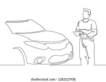 One continuous single drawn line art doodle mechanic, car, garage, service, auto, repair, vehicle, shop, engine, workshop .Isolated image of a hand drawn outline on a white background.