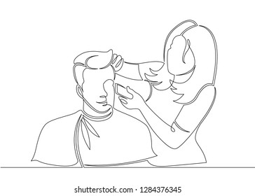 One continuous single drawn line art doodle hairdresser, hair, salon, hairstyle, young, fashion, beauty, client, barber, customer . Isolated image of a hand drawn outline on a white background.