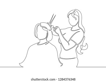 One continuous single drawn line art doodle hairdresser, hair, salon, hairstyle, young, fashion, beauty, client, barber, customer . Isolated image of a hand drawn outline on a white background.