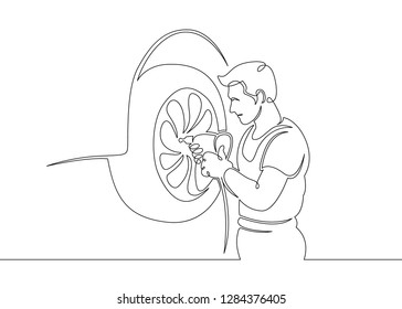 One continuous single drawn line art doodle mechanic, car, garage, service, auto, repair, vehicle, shop, engine, workshop .Isolated image of a hand drawn outline on a white background.