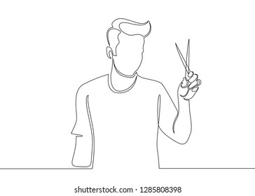 One continuous single drawn line art doodle portrait  hairdresser, hair, salon, hairstyle, young, fashion, beauty, client, barber, customer. Isolated image  hand drawn outline on a white background