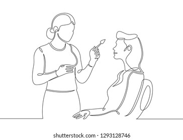 One continuous single drawn line art doodle portrait fashion, model, makeup, cosmetic, brush, stylist, artist, visagiste . Isolated image of a hand drawn outline on a white background.