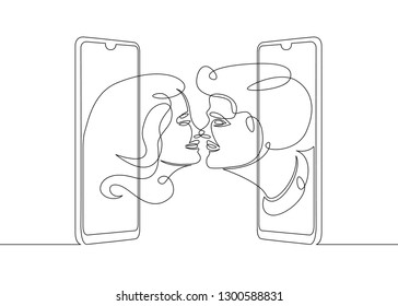 One continuous single drawn line art doodle love, female, kiss, couple, young, woman, beautiful .Isolated image of a hand drawn outline on a white background.