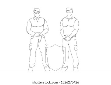 One continuous single drawn line art doodle man bodyguard, security, guard, protection, male, professional, agent, glasses, police, shield. Isolated image  hand drawn outline  white background.