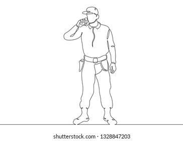 One continuous single drawn line art doodle man bodyguard, security, guard, protection, male, professional, agent, glasses, police . Isolated image  hand drawn outline  white background.