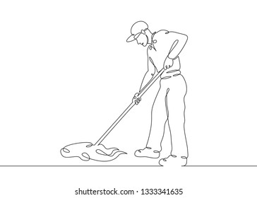 One continuous single drawn line art doodle man cleaner, janitor white background.