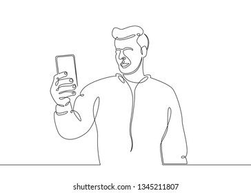 One continuous single drawn line art doodle phone, smartphone, mobile, man, communication, internet, message, connection  . Isolated image  hand drawn continuous outline  white background.