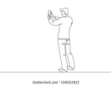 One continuous single drawn line art doodle phone, smartphone, mobile, man, communication, internet, message, connection  . Isolated image  hand drawn continuous outline  white background.