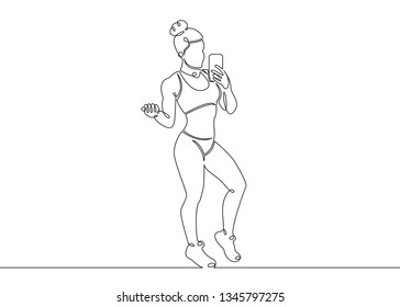 One continuous single drawn line art doodle athlete bodybuilder fitness relieves himself on the phone . Girl athlete makes selfie photo, smartphone .Gym, sports concept.