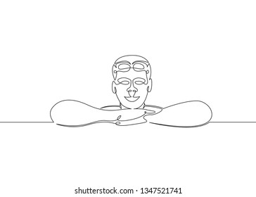 One continuous single drawn line art doodle water, swimmer, swim, athlete, sport, healthy, fitness, gym, swimming. Isolated image  hand drawn outline  white background.Concept of sport and recreation.