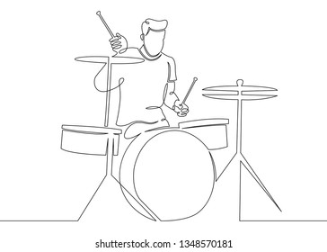 One continuous single drawn line art doodle man rock and roll, rock band, musician percussion instruments, drummer, percussion . Isolated image  hand drawn outline  white background.