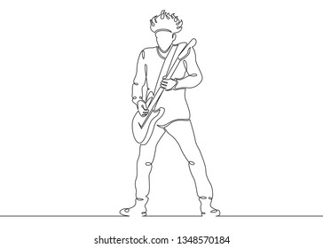 One continuous single drawn line art doodle man rock and roll, rock band, musician guitarist, solo guitarist, play guitar . Isolated image  hand drawn outline  white background.