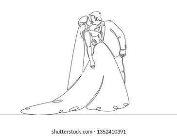 One continuous single drawn line art doodle wedding newlyweds ceremony couple love hug kiss . Isolated image of a hand drawn outline on a white background.