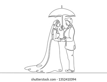 One continuous single drawn line art doodle wedding newlyweds ceremony couple love hug kiss . Isolated image of a hand drawn outline on a white background.