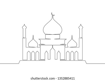 One continuous single drawn line art doodle mosque, muslim, islam, islamic, religion, arabic, architecture . Isolated image  hand drawn outline  white background.