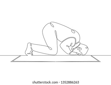 One continuous single drawn line art doodle  Muslims pray on a carpet , islam, islamic, religion, arabi . Isolated image  hand drawn outline  white background.