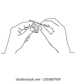 one continuous single drawn line art doodle implement, needlework, knitting, clew, knitting needles, hand knit. Isolated hand-drawn outline image on white background.