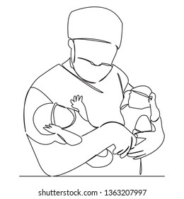 one continuous single drawn line art doodle newborn, baby, doctor, twin, medicine. Isolated hand-drawn outline image on white background.