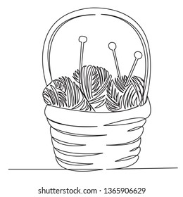 one continuous single drawn line art doodle needlework, handmade, hobby, craft, thread Isolated hand-drawn outline image on white background. balls for knitting needles in the basket