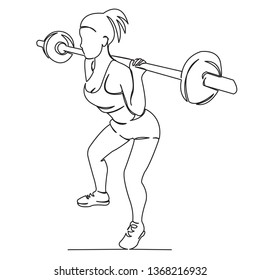 one continuous single drawn line art doodle workout, fitness, girl, gym, muscle isolated hand-drawn outline image on white background