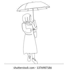 one continuous single drawn line art doodle muslim, umbrella, beautiful, people, white. isolated image hand-drawn outline on white background.
