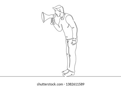 One continuous single drawn line art doodle megaphone, man, people, announcement, business,refer, friend . Isolated image  hand drawn continuous outline  white background.