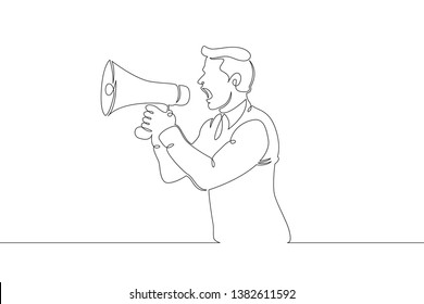 Un único y continuo doodle de línea dibujada megáfono, hombre, personas, anuncio, negocios, referencia, amigo. Imagen aislada de fondo blanco contorno continuo dibujado a mano.