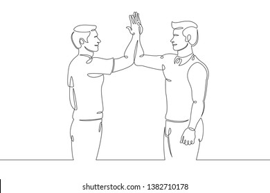 One continuous single drawn line art doodle union friends team, give five, man, people, announcement, business,refer, friend . Isolated image  hand drawn continuous outline  white background.