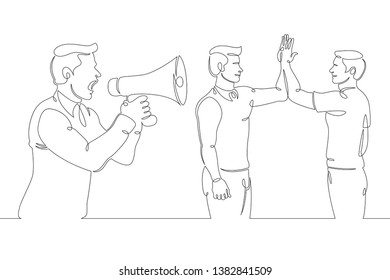 One continuous single drawn line art doodle two friends, megaphone,teamwork, union friends, team,  man, people, announcement, business,refer,social, friend . Isolated image  hand drawn outline