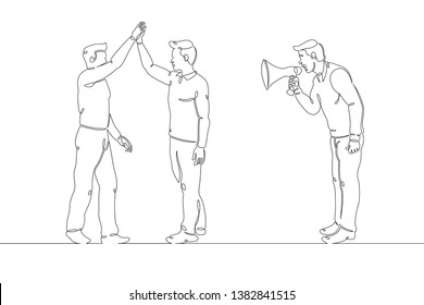 One continuous single drawn line art doodle two friends, megaphone,teamwork, union friends, team,  man, people, announcement, business,refer,social, friend . Isolated image  hand drawn outline