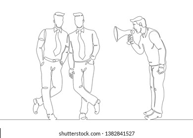 One continuous single drawn line art doodle two friends, megaphone,teamwork, union friends, team,  man, people, announcement, business,refer,social, friend . Isolated image  hand drawn outline