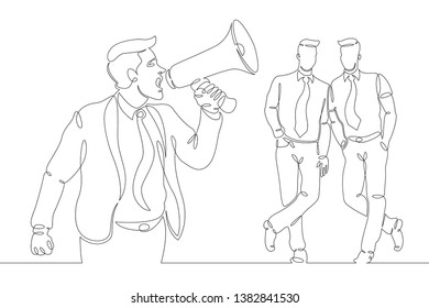 One continuous single drawn line art doodle two friends, megaphone,teamwork, union friends, team,  man, people, announcement, business,refer,social, friend . Isolated image  hand drawn outline