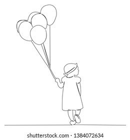 one continuous single drawn line art doodle balloon, vector, girl, happy, isolated. Isolated hand-drawn outline image on white background.