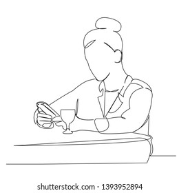 one continuous single drawn line art doodle wine, girl, phone, female, lifestyle. isolated image hand-drawn outline on white background.