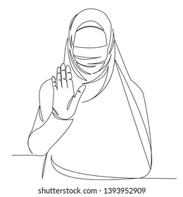 one continuous single drawn line art doodle stop, muslim, hand, woman, gesture. isolated image hand-drawn outline on white background.