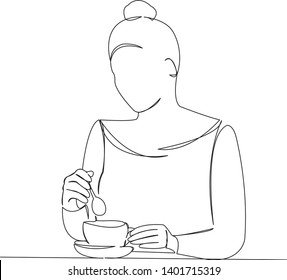 One continuous single drawn line art doodle girl, coffee, vector, illustration, young. isolated image handwriting counter on white background