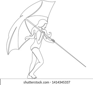 One continuous single drawn line art doodle girl carries a beach umbrella  . Isolated image  hand drawn outline  white background. Summer sea sun beach.