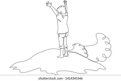 One continuous single drawn line art doodle young man standing on a rock in the waves of the sea  . Isolated image  hand drawn outline  white background. Summer sea sun beach.