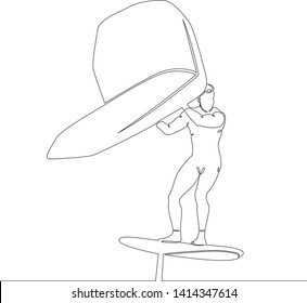 One continuous single drawn line art doodle man on Wing-Surfer,sail on the board, sail wing in hand . Isolated image  hand drawn outline  white background. Summer sea sun beach.