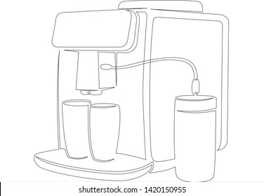 One continuous single drawn line art doodle coffee  machine, drink, cup, espresso, maker, caffeine, cafe, beverage, kitchen .Concept cafe, design, shop, restaurant, food, coffee.