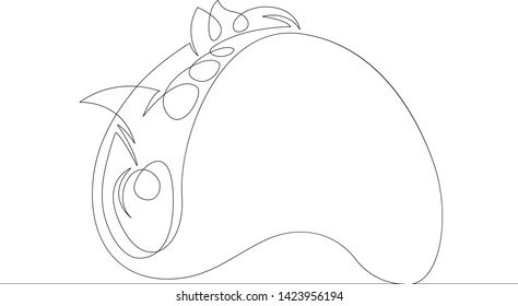 One continuous single drawn line art doodle taco,fast food, mexican, fresh, tortilla, tomato, meal, meat  . Isolated image  hand drawn outline.Concept cafe, design, shop, restaurant, food, coffee.