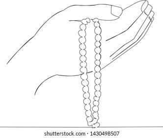 One continuous single drawn line art doodle bead, religion, prayer, religious, muslim, islam. isolated image hand-drawn outline on white background.