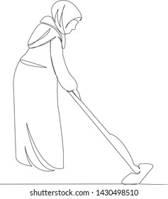 One continuous single drawn line art doodle line, muslim, house, floor, people, lifestyle, arab, washing. isolated image hand-drawn outline on white background.