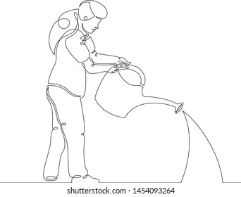 One continuous single drawn line art doodle flower, girl, plant, water, garden, gardening, nature . Isolated image  hand drawn outline  white background.girl watering flowers