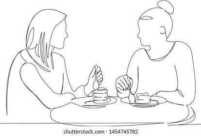 One continuous single drawn line art doodle girl, dessert, food, cafe, woman. isolated image hand-drawn outline on white background.